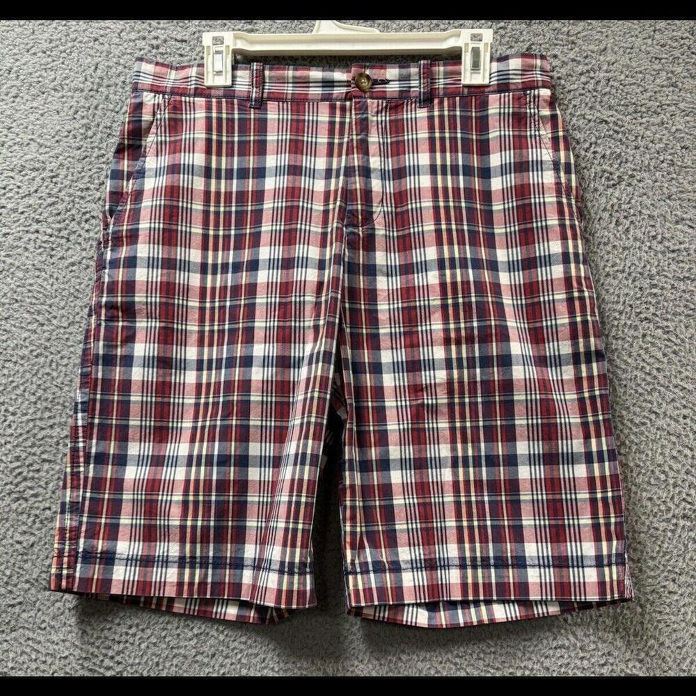 Tommy Hilfiger Shorts Mens 33 Red Blue Plaid Flat Front Bermuda